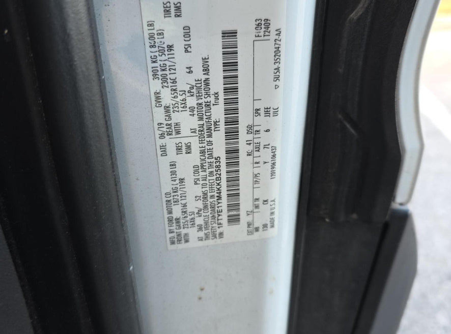 2019 Ford Transit 150 | White | 3.7L V6 Flex Fuel | VIN: 1FTYE1YM4KKB25835