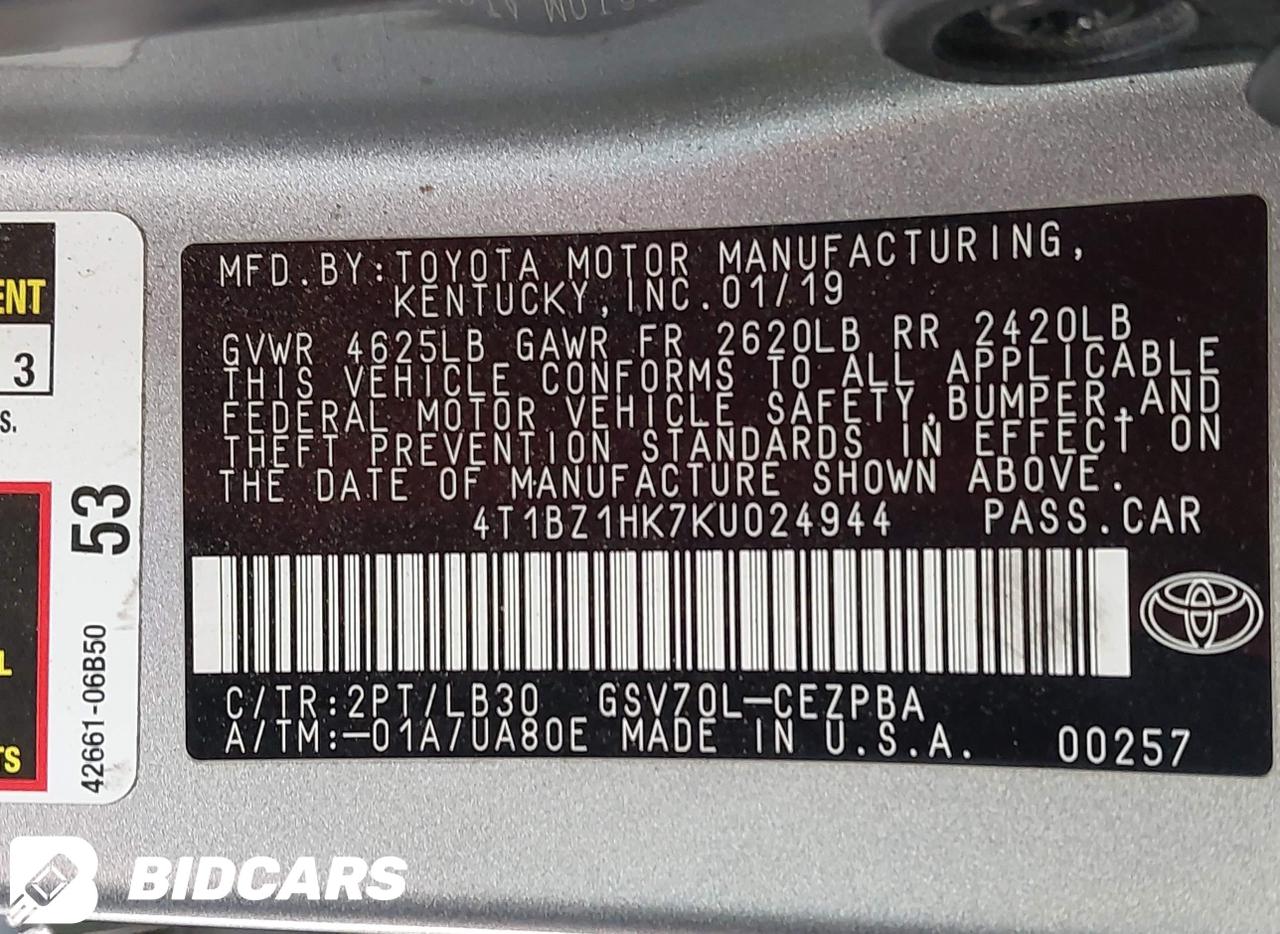 Toyota Camry XSE V6 2019 – 3.5L Sport Sedan | VIN: 4T1BZ1HK7KU024944