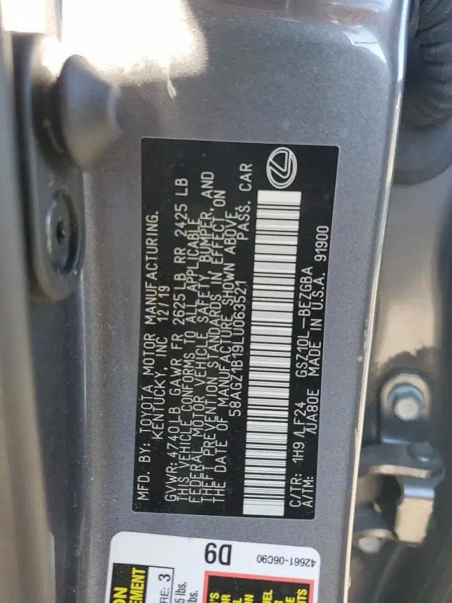 Lexus ES 350 F Sport 2020 – 3.5L V6 Sport Sedan | VIN: 58AGZ1B19LU063521