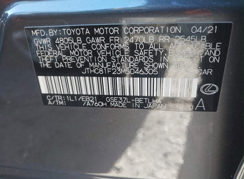 Lexus IS 350 2021 Gray – 3.5L V6 RWD Sport Sedan | VIN: JTHC81F23M5046305