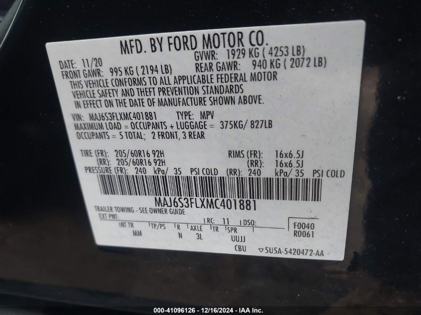 Ford EcoSport S 2021 AWD 2.0L – Low Miles Salvage SUV | VIN: MAJ6S3FLXMC401881