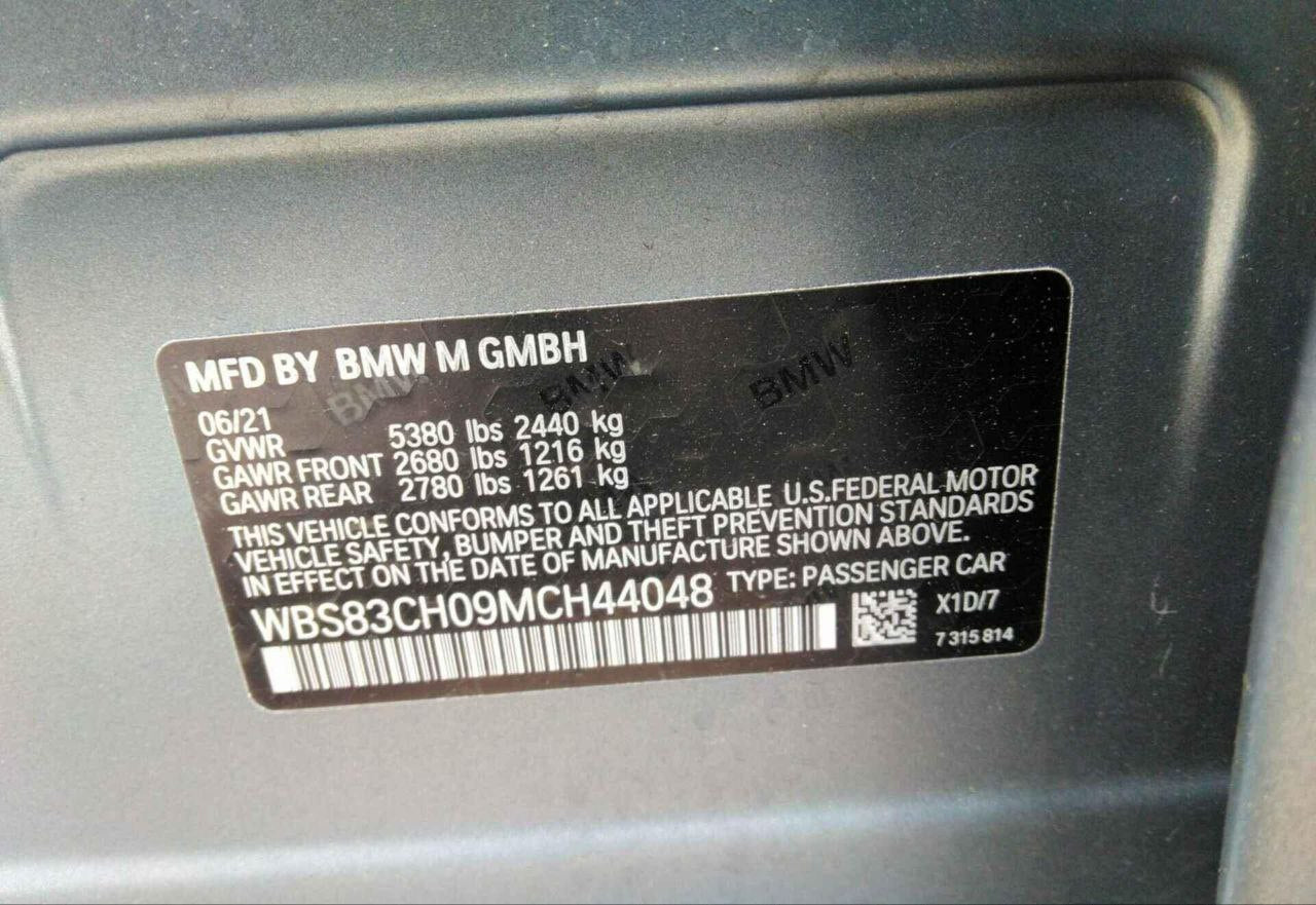 2021 Bmw M5 Competition 4.4L WBS83CH09MCH44048
