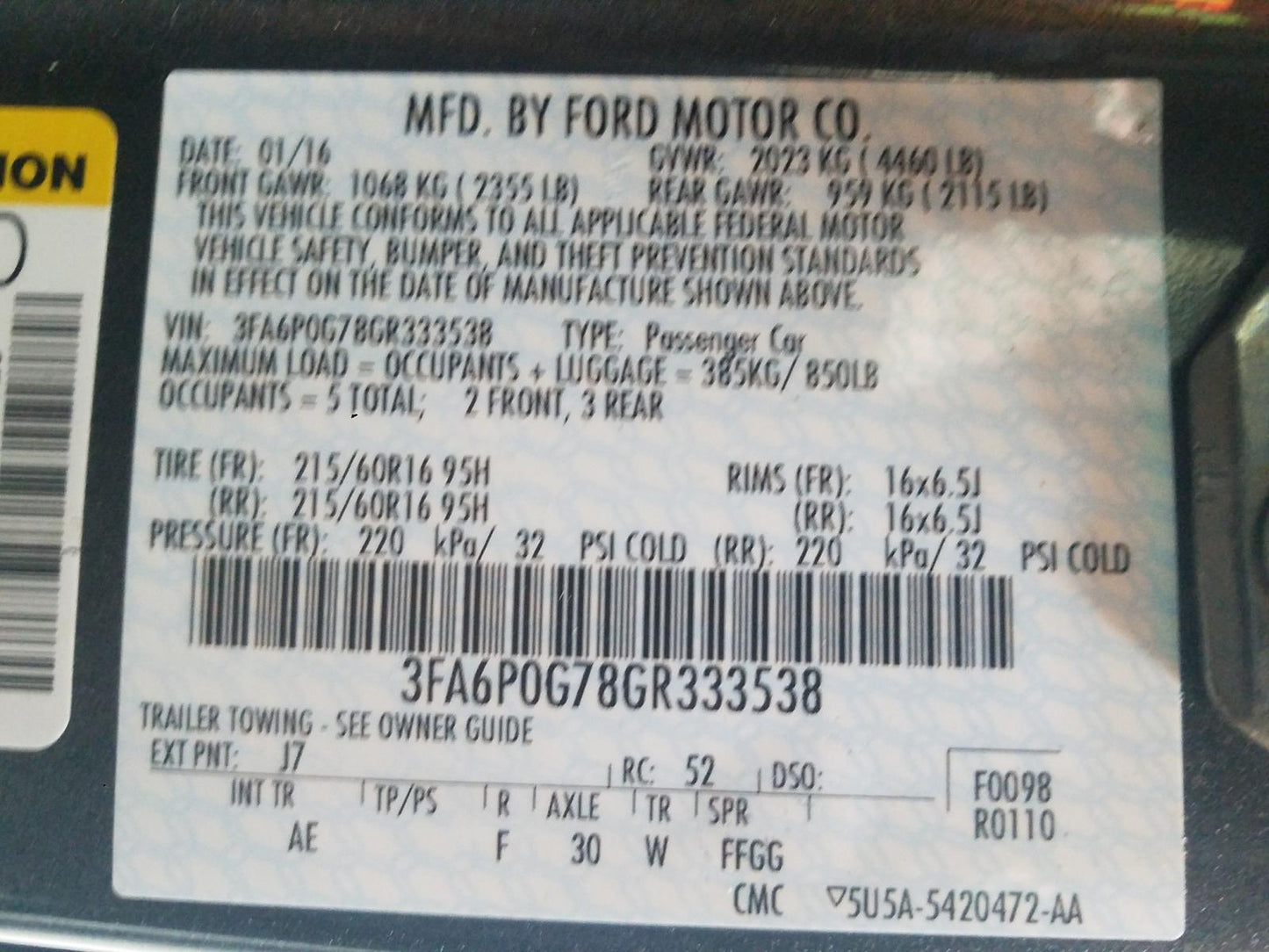 2016 FORD FUSION S - 3FA6P0G78GR333538