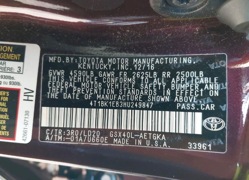 Toyota Avalon Xle 2017 Burgundy 3.5L 6 vin: 4T1BK1EB3HU249847