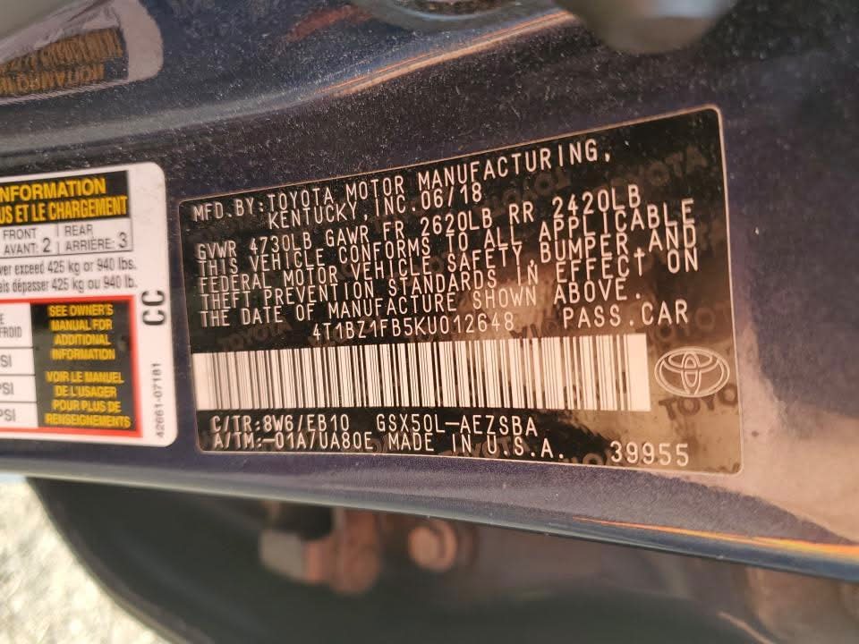 Toyota Avalon Touring 2019 Blue – 3.5L V6 Premium Sedan | VIN: 4T1BZ1FB5KU012648