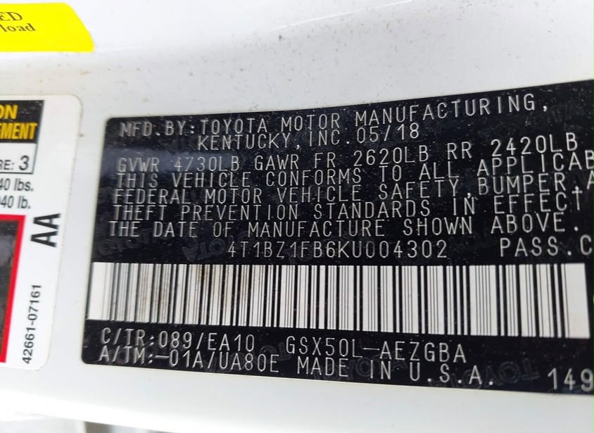 Toyota Avalon XLE 2019 White – 3.5L V6 FWD Sedan | VIN: 4T1BZ1FB6KU004302