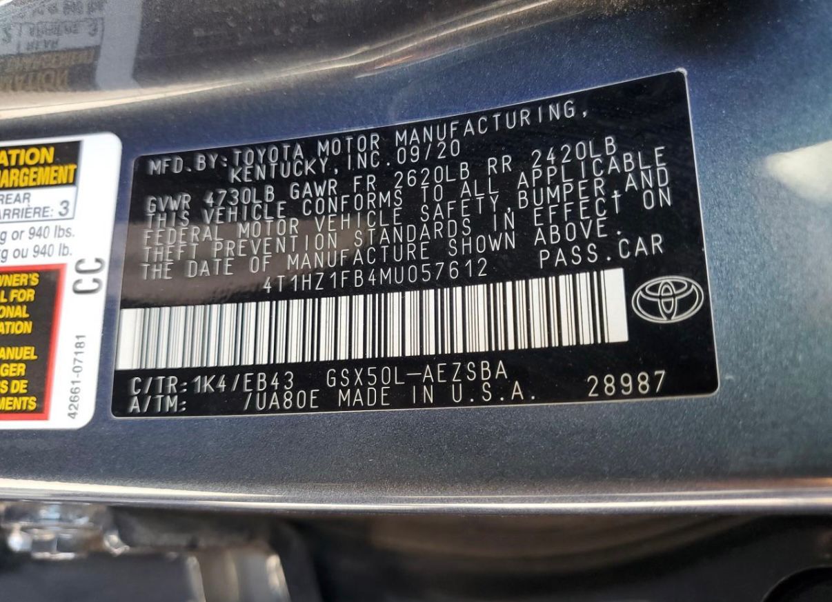 Toyota Avalon Touring 2021 Gray – 3.5L V6 FWD Premium Sedan | VIN: 4T1HZ1FB4MU057612