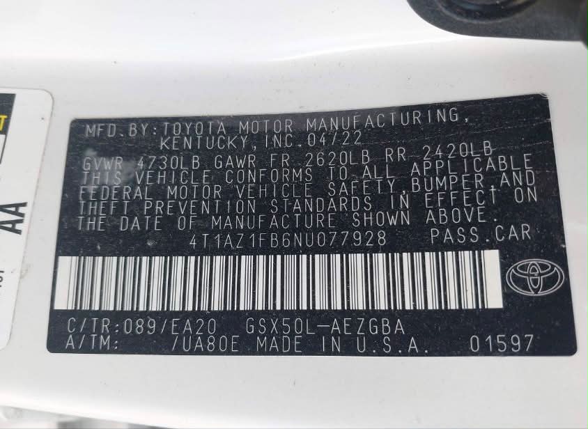 2022 Toyota Avalon XLE – VIN: 4T1AZ1FB6NU077928 | White | Luxury V6 Sedan with Front-End Damage
