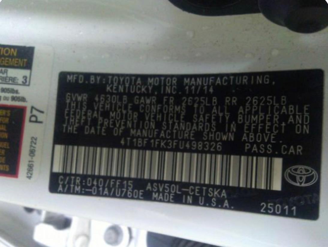 2015 Toyota Camry Xle/se/le/xse vin: 4T1BF1FK3FU498326