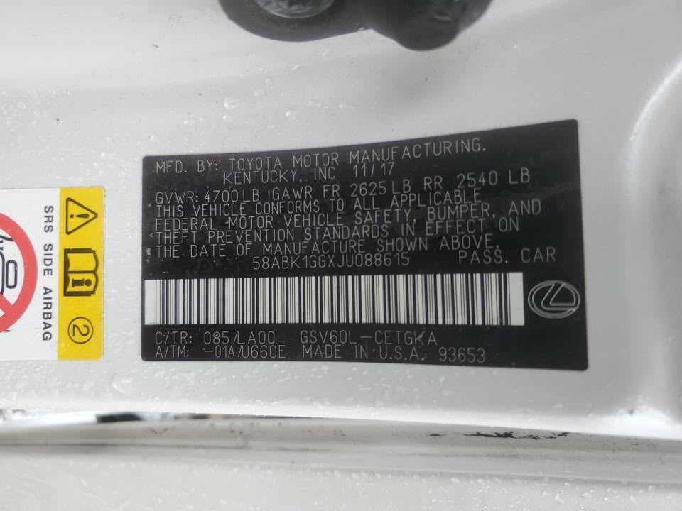 2018 Lexus ES 350 | White | 3.5L V6 FWD Sedan | VIN: 58ABK1GGXJU088615