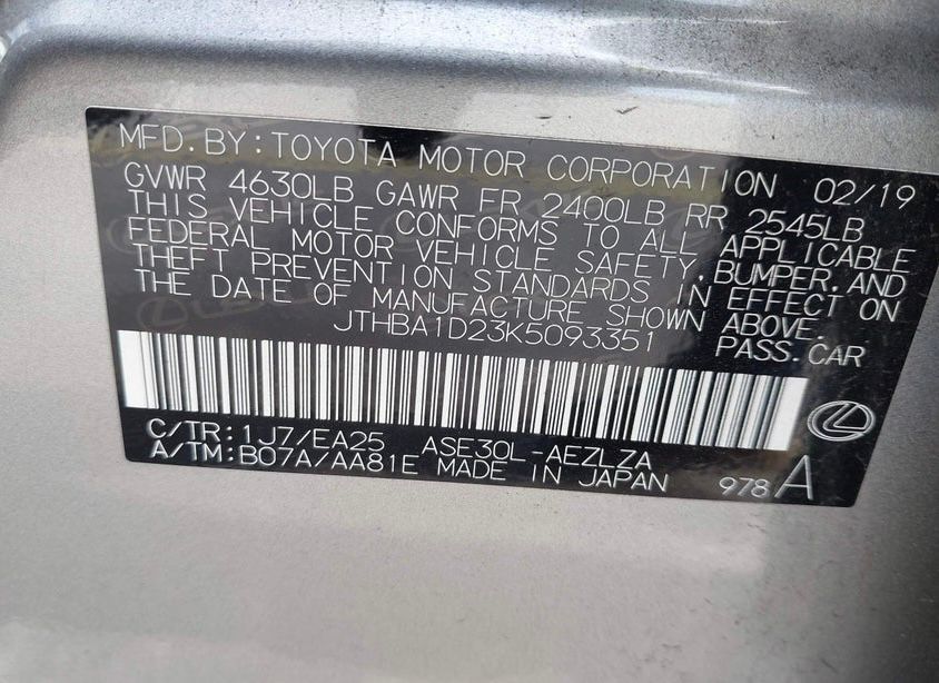 2019 Lexus IS 300 | Silver | 2.0L I4 RWD Sedan | VIN: JTHBA1D23K5093351