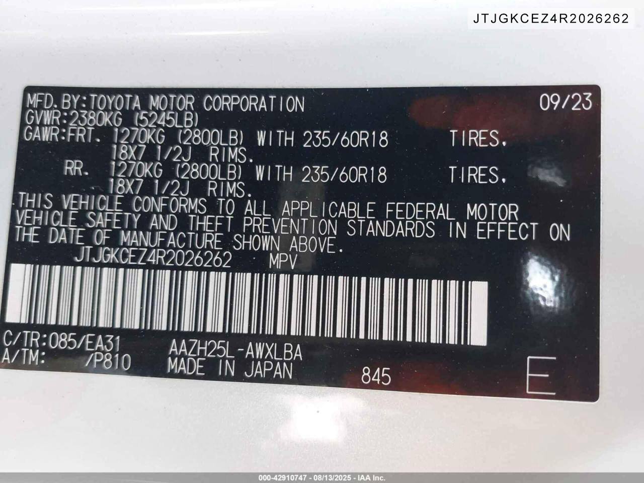 2024 Lexus NX 350h Premium – IAAI Auction History – VIN JTJGKCEZ4R2026262