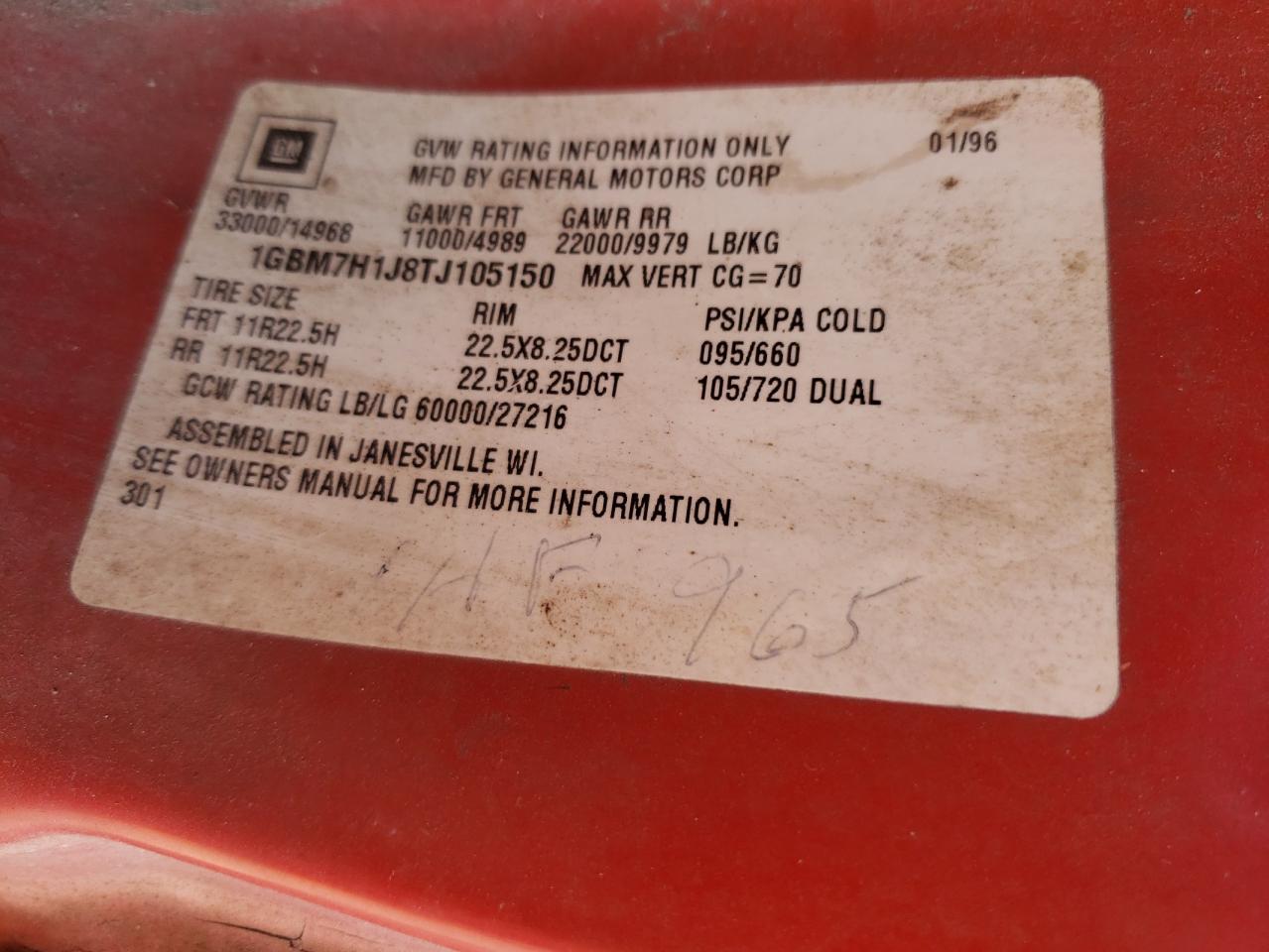 1996 CHEVROLET KODIAK C7H - 1GBM7H1J8TJ105150