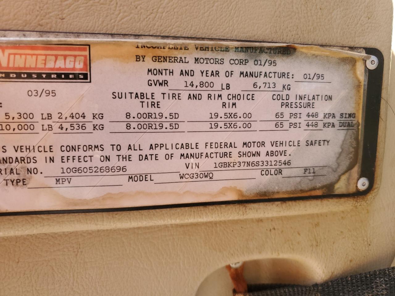 1995 WINNEBAGO TRAILER - 1GBKP37N6S3312546 — photo 9