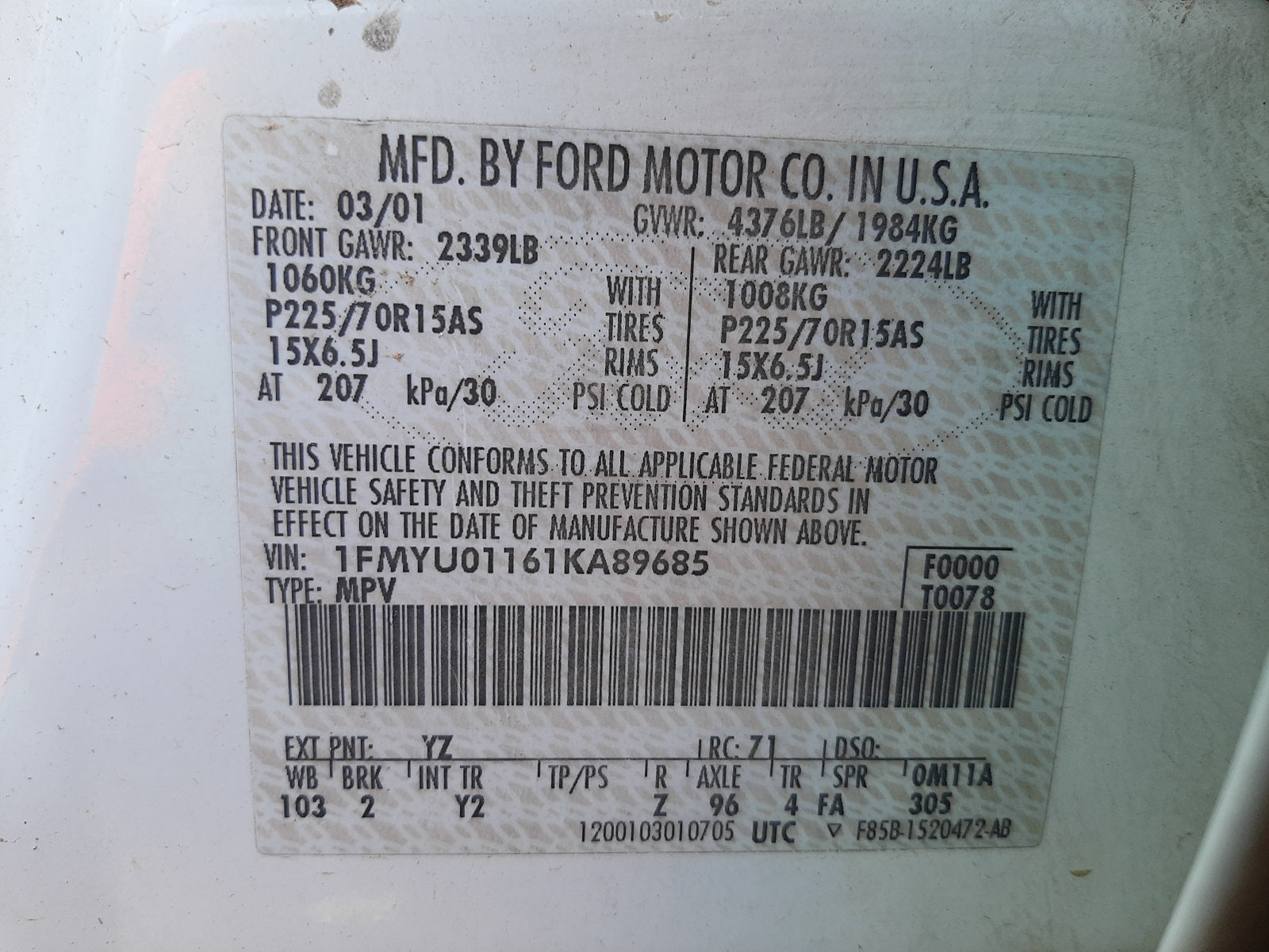 2001 FORD ESCAPE XLS - 1FMYU01161KA89685 — photo 10