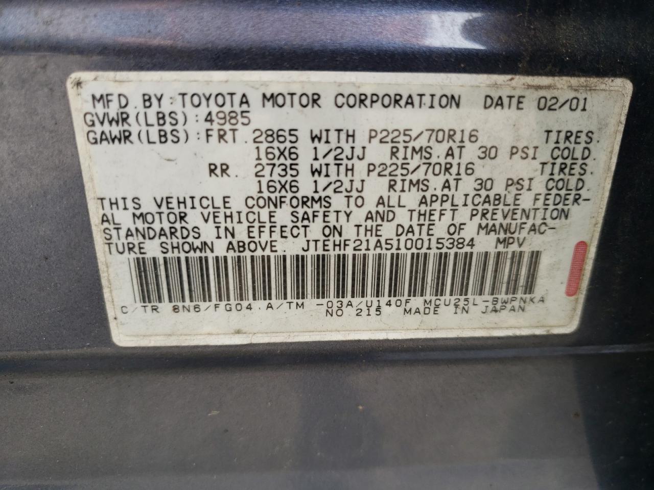 2001 TOYOTA HIGHLANDER - JTEHF21A510015384 — photo 12