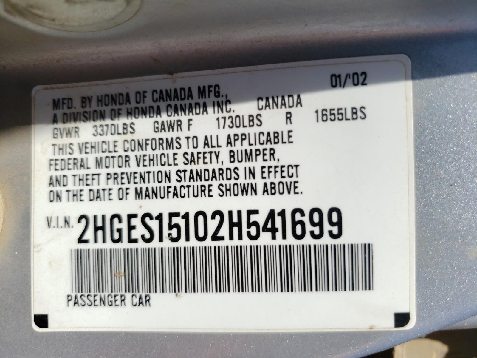 2002 HONDA CIVIC DX - 2HGES15102H541699 — photo 10