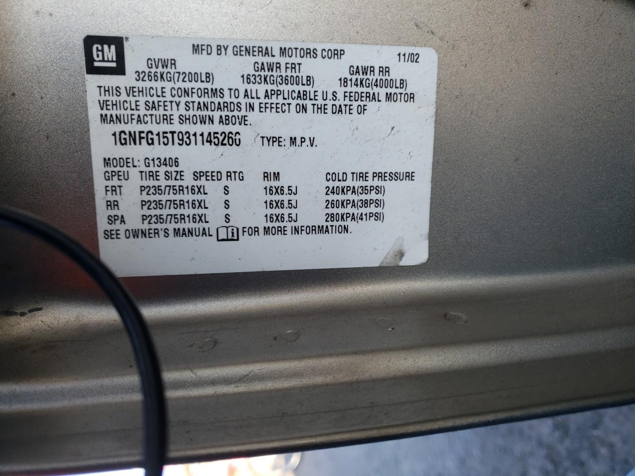 2003 CHEVROLET EXPRESS G1 - 1GNFG15T931145266 — photo 8