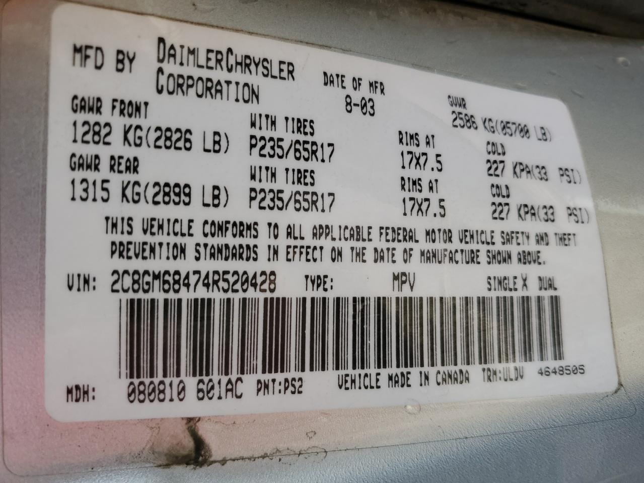 2004 CHRYSLER PACIFICA - 2C8GM68474R520428 — photo 13
