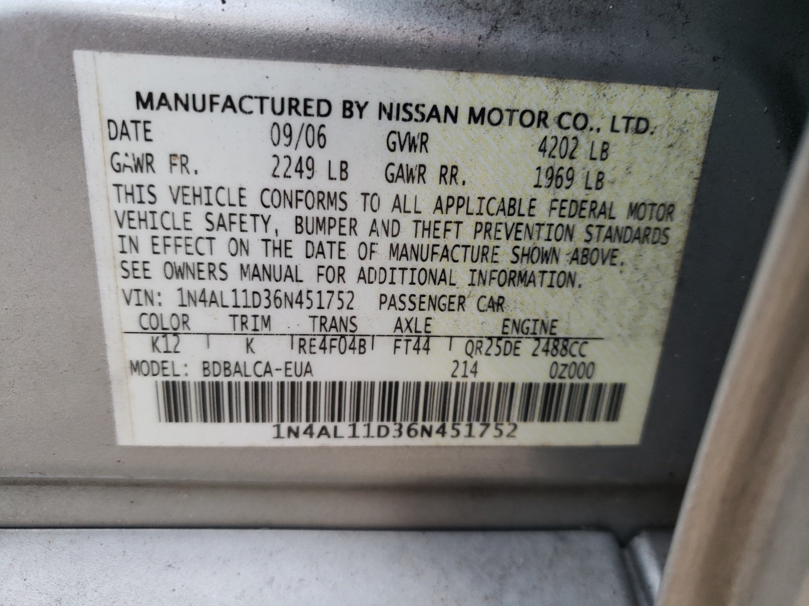 2006 NISSAN ALTIMA - 1N4AL11D36N451752 — photo 10