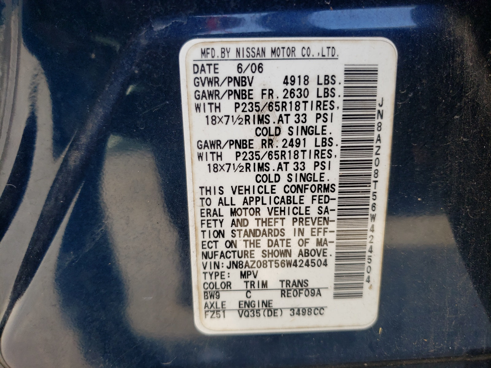 2006 NISSAN MURANO SL - JN8AZ08T56W424504 — photo 10
