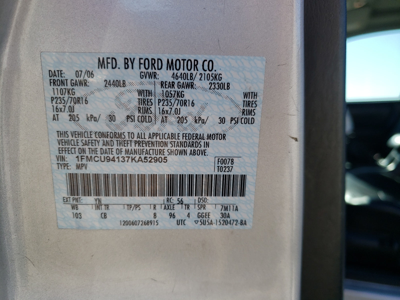 2007 FORD ESCAPE LIM - 1FMCU94137KA52905 — photo 10