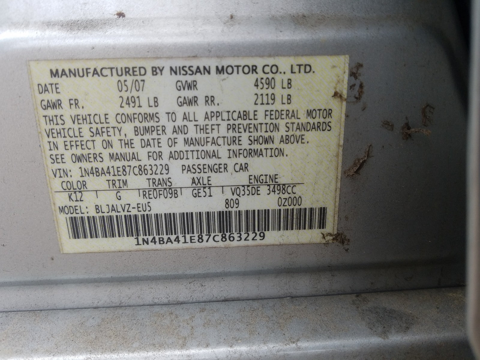 2007 NISSAN MAXIMA SE - 1N4BA41E87C863229 — photo 6