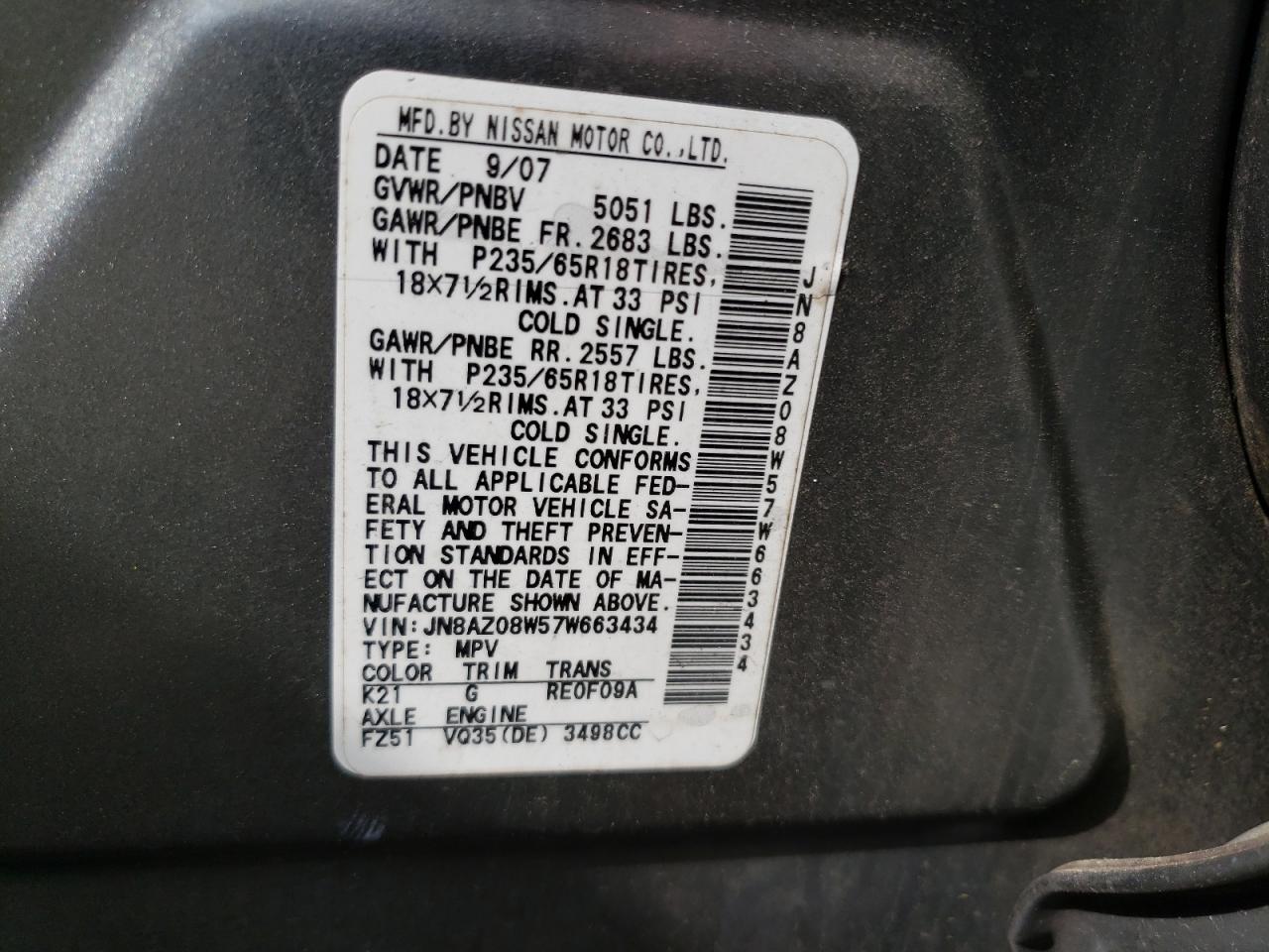 2007 NISSAN MURANO SL - JN8AZ08W57W663434 — photo 8