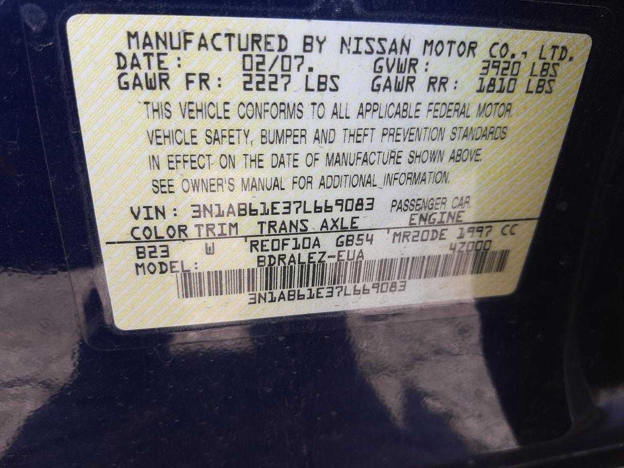 2007 NISSAN SENTRA 2.0 - 3N1AB61E37L669083 — photo 10