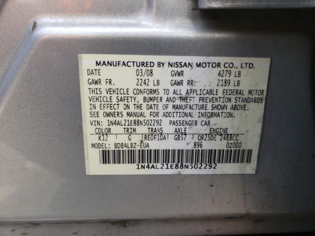 2008 NISSAN ALTIMA 2.5 - 1N4AL21E88N502292 — photo 10