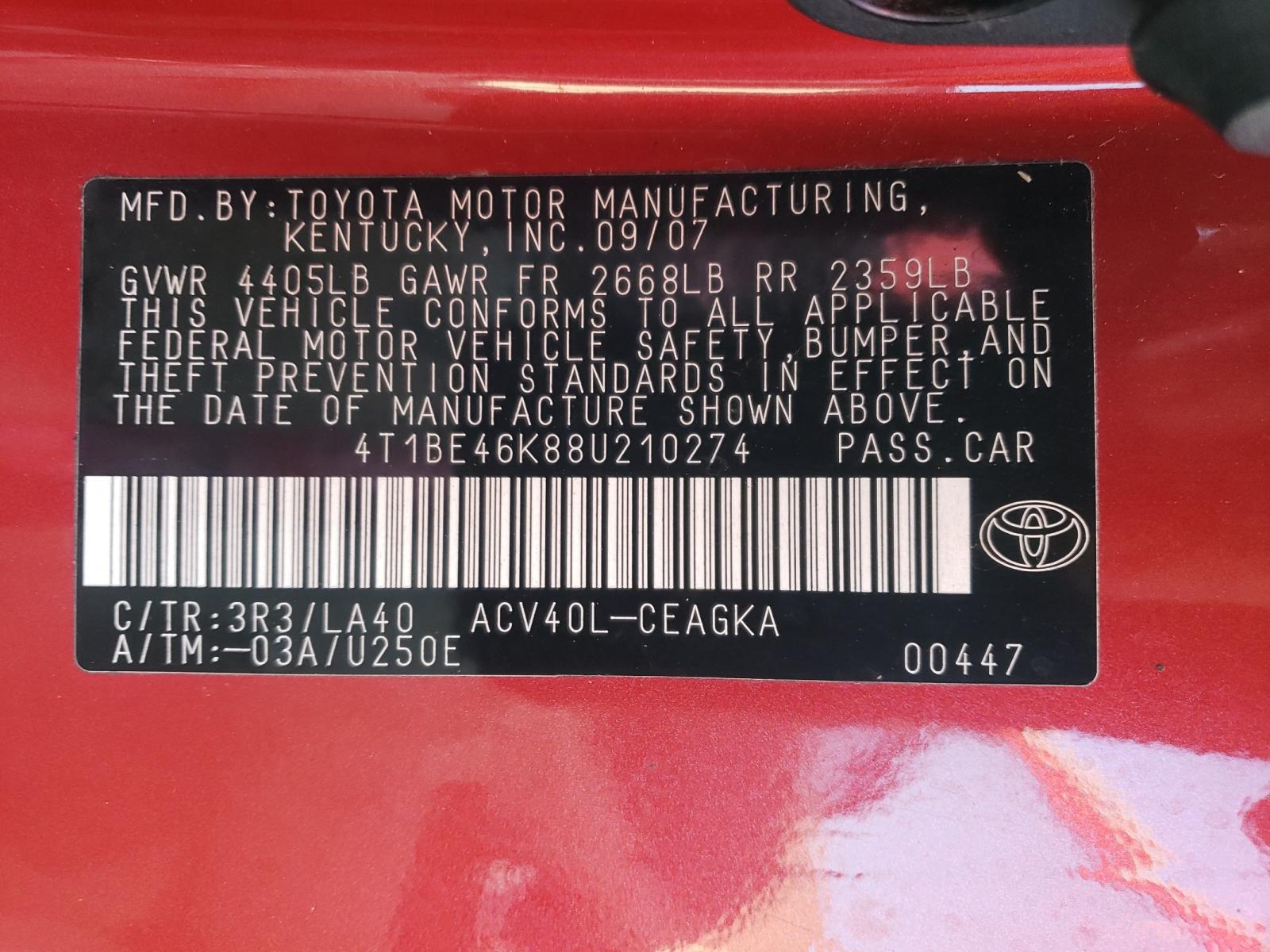 2008 TOYOTA CAMRY CE - 4T1BE46K88U210274 — photo 10