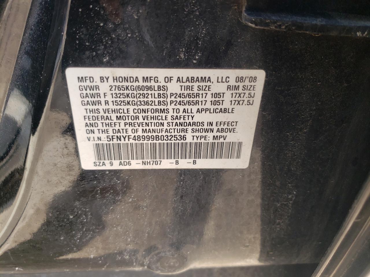 2009 HONDA PILOT TOUR - 5FNYF48999B032536 — photo 10