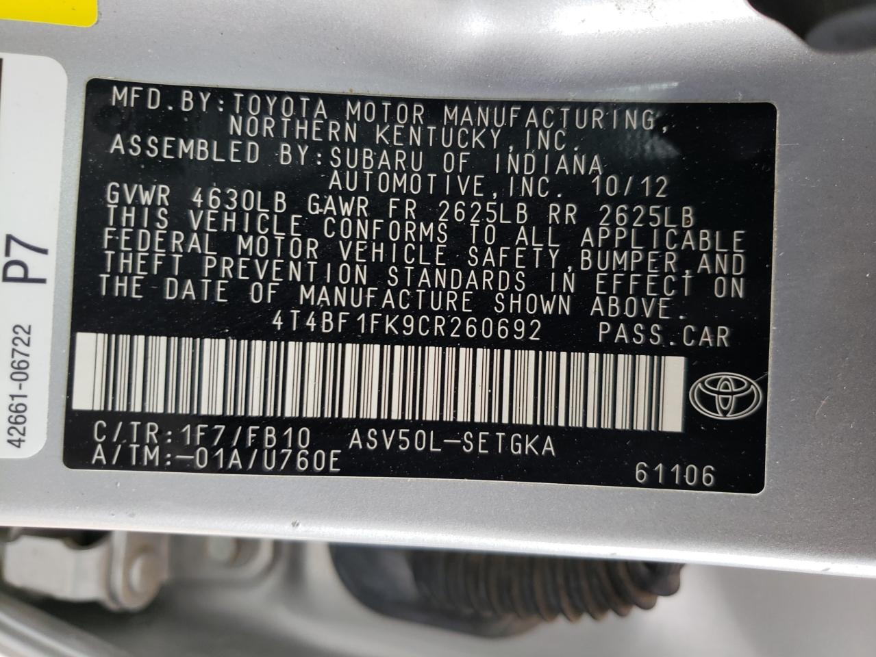 2012 TOYOTA CAMRY BASE - 4T4BF1FK9CR260692 — photo 10